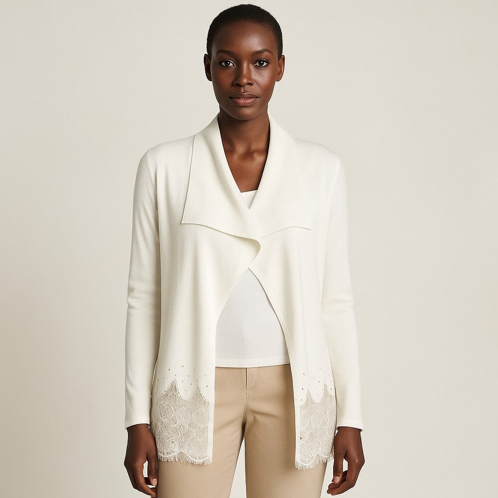 Alessa W Collection Off White Open Front Embellished Cardigan Sweater Womens 4